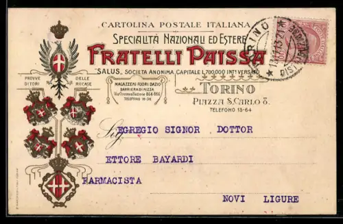 AK Torino, Cartolina postale Fratelli Paissa con stemma e testo manoscritto del 1913