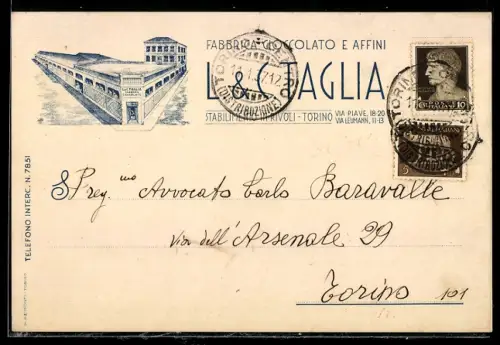 AK Torino, Fabbrica di Cioccolato La Paglia con corrispondenza manoscritta