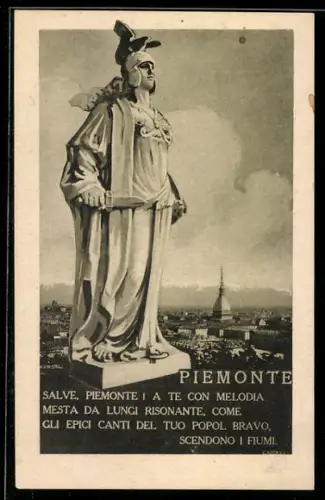 AK Torino, Statua con panorama della città e Mole Antonelliana sullo sfondo