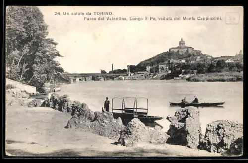 AK Torino, Parco del Valentino, Lungo il Po, veduta del Monte Cappuccini