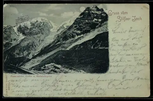 Mondschein-AK Stilfser Joch, Franzenhöhe, Ortler und Madatschspitze
