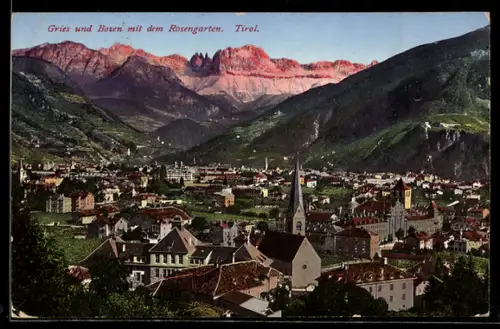 AK Gries-Bozen /Tirol, Teilansicht mit Kirche und dem Rosengarten