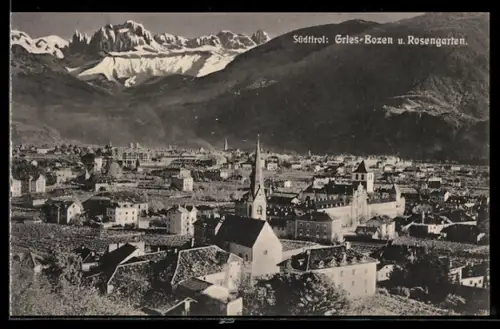 AK Gries-Bozen, Teilansicht mit Kirche und Rosengarten