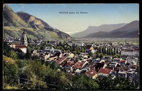 AK Meran, Teilansicht mit Kirche gegen die Mendel