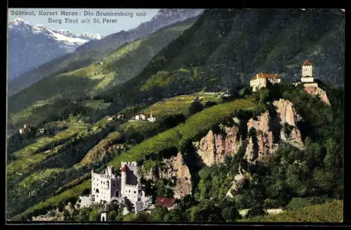 AK Meran /Südtirol, Brunnenburg und Burg Tirol mit St. Peter