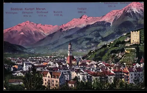 AK Meran /Südtirol, Teilansicht mit Kirche, Roteck, Tschigat und Zielspitze