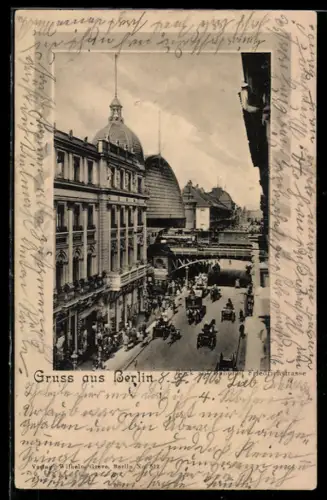 AK Berlin, Friedrichstrasse, Strassenbahn, Geschäftsgebäude, Strassenleben