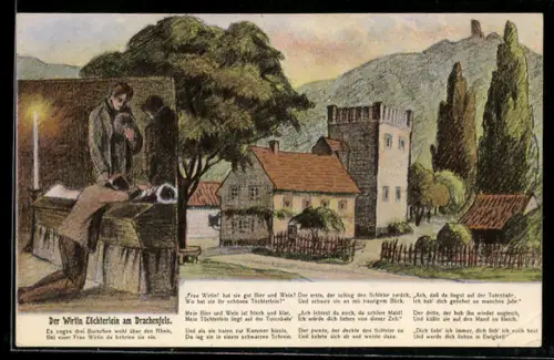 Künstler-AK Drachenfels, Wirtin und verstorbenes Töchterlein, Gedicht, Ortsansicht