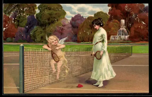 AK Tennis-Match zwischen Amor und junger Frau