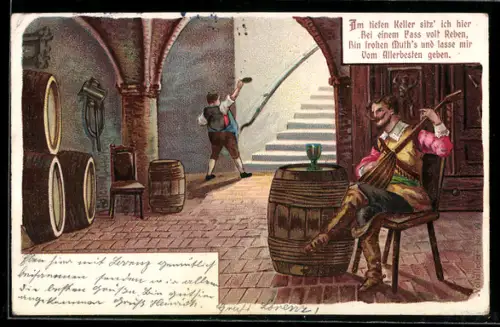 AK Im Weinkeller sitzt ein Musiker mit Laute
