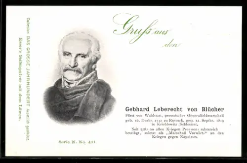 AK Gebhard Leberecht von Blücher, Fürst von Wahlstatt, preussischer Generalfeldmarschall
