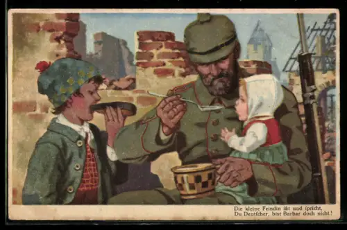 AK Deutscher Soldat füttert Kinder des Feindes