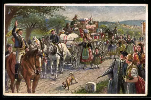 Künstler-AK Hessische Trachten, Fahrt mit dem Kammerwagen