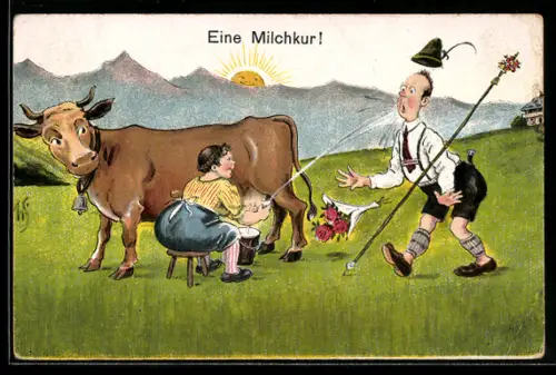Künstler-AK Willi Scheuermann: Eine Milchkur, Mann wird beim Melken ins Gesicht getroffen