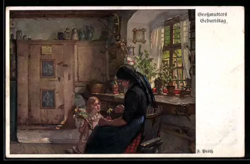 Künstler-AK sign. F. Prölss: Grossmutters Geburtstag, Mädchen schenkt ihrer Grossmutter Blumen