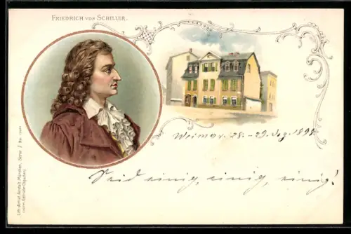 Lithographie Porträt Friedrich von Schiller und Schillerhaus