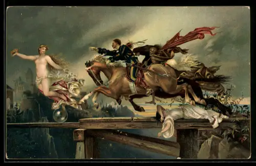 Künstler-AK Stengel & Co. Nr. 29749: The chase after fortune, Reiter verfolgt der nackten schwebenden Frau hinterher