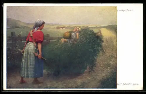 Künstler-AK Karl Maria Schuster: Bauernfrau mit Kind in der Schubkarre auf lustiger Fahrt