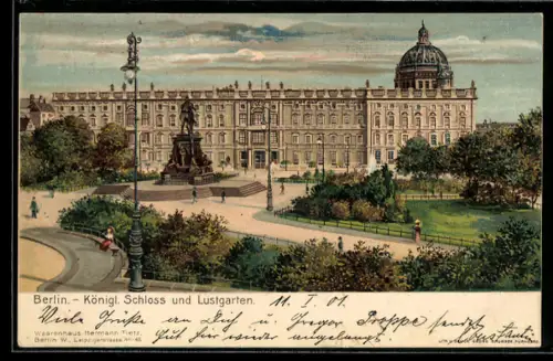 Lithographie Berlin, Königliches Schloss, Lustgarten und Denkmal