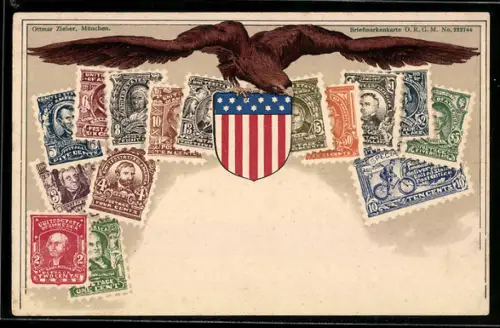 AK United States of America, Adler mit Wappenschild, Briefmarken