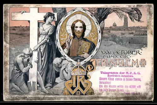 AK Jerusalem, Mann baut am Kreuz, Jesus mit Bibel, Ortsansicht