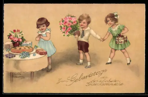 Künstler-AK Hannes Petersen: Kinder mit Blumen und Geschenken, Namenstag