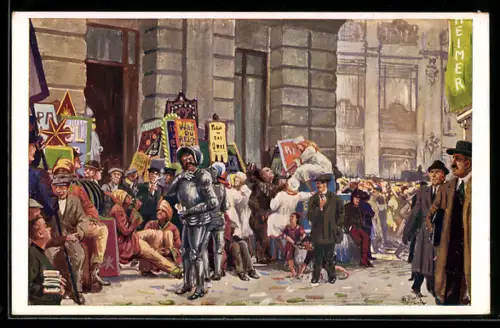 Künstler-AK Leipzig, Sammelplatz des Reklamezuges während der Messe