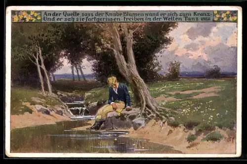 Künstler-AK P. Hey, Volksliederkarte Nr. 94: An der Quelle sass ein Knabe, Bursche sitzt nachdenklich an einem Rinnsal