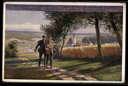 Künstler-AK P. Hey: Sommer, Männer mit Gitarre am Ortsrand