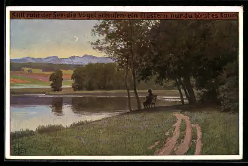 Künstler-AK P. Hey, Volksliederkarte Nr. 76: Still ruht der See, Abendstimmung am See
