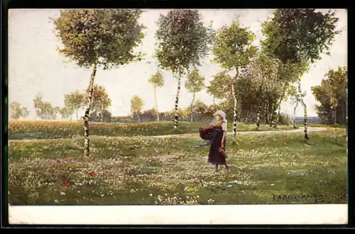 Künstler-AK G. Hirth`s Verlag, Serie III, 5: Mädchen mit Korb auf einer Wiese
