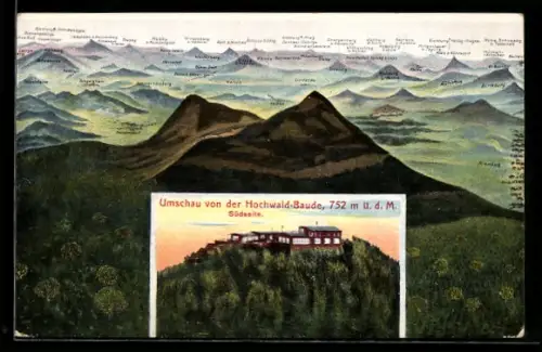 AK Hochwald-Baude, Blick auf die Südseite der Baude, Berglanschaft
