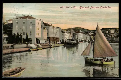 AK Lussinpiccolo, Riva mit Pension Pundschu, Segelboot, Dampfer