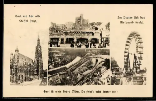 AK Wien, Prater, Geisterschloss, Hochschaubahn, Steffel, Riesenrad, 