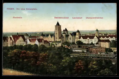 AK Posen / Poznan, Akademie mit Landschaft und Oberpostdirektion