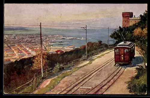 Künstler-AK Trieste, Vista da Cologna ed elettrovia, Bergbahn