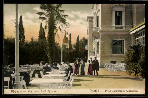 AK Abbazia, Cafe Quarnero, Terrasse mit Gästen, Turmgebäude