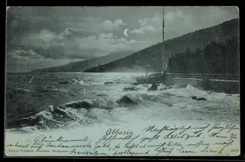 Mondschein-AK Abbazia, Ortsansicht vom Wasser aus, mit Kaimauer und Wellen