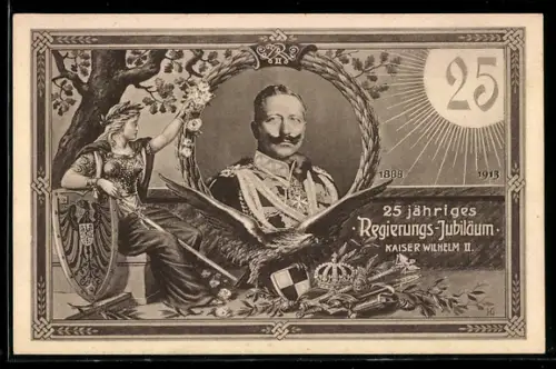 AK Kaiser Wilhelm II. im Portrait, Germanische Göttin mit Wappen und Schwert
