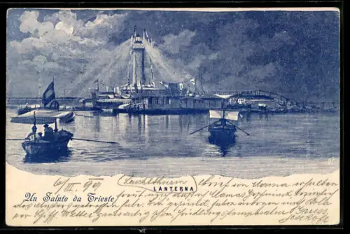 AK Triest, Hafenpartie mit Leuchtturm