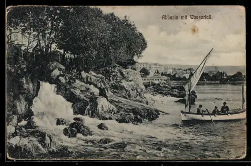 AK Abbazia, Panorama mit Wasserfall