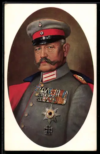 AK Gemälde Generalfeldmarschalls Paul von Hindenburg in Uniform mit Mütze