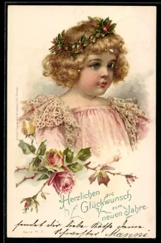 Künstler-AK Mädchen mit Blumenkranz und Rosenzweig