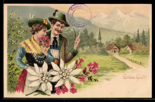Lithographie Grüss Gott!, Paar in Tracht und Edelweiss