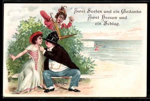 AK dicker Mann versucht Mädchen am Strand zu küssen, seine Frau schlägt ihn mit dem Schirm auf den Kopf