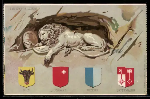 AK Luzern, Der Löwe von Luzern mit Wappen der Kantone, Urn, Schwyz, Luzern, Unterwaldn