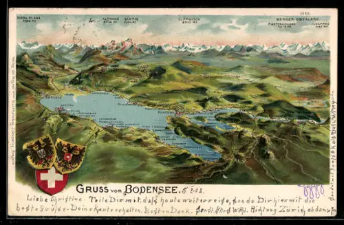Lithographie Lindau /Bodensee, Panorama mit Alpenblick und Wappen