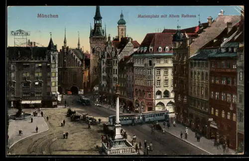 AK München, Marienplatz mit Altem Rathaus, Strassenbahn