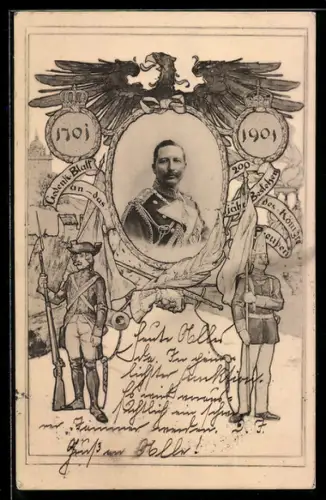 AK Portrait von Kaiser Wilhelm II. mit Soldaten in Uniform