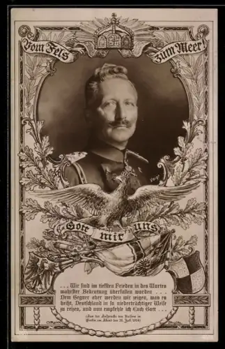 AK Vom Fels zum Meer! Gott mit uns, Kaiser Wilhelm II. in Uniform im Passepartoutrahmen